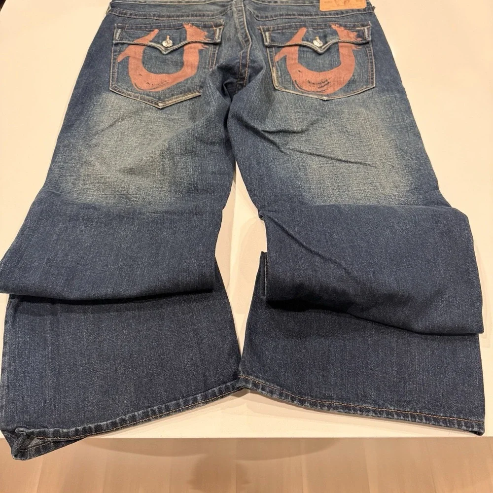 Y2K True Religion World Tour Straight Baggy Red Paint Pocket Jeans Men's Sz 42‎